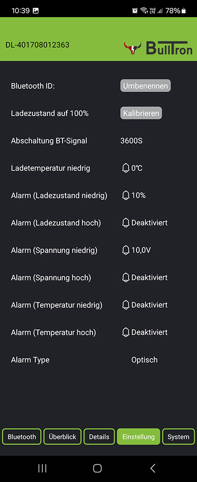 Neue BullTron App Einstellungen