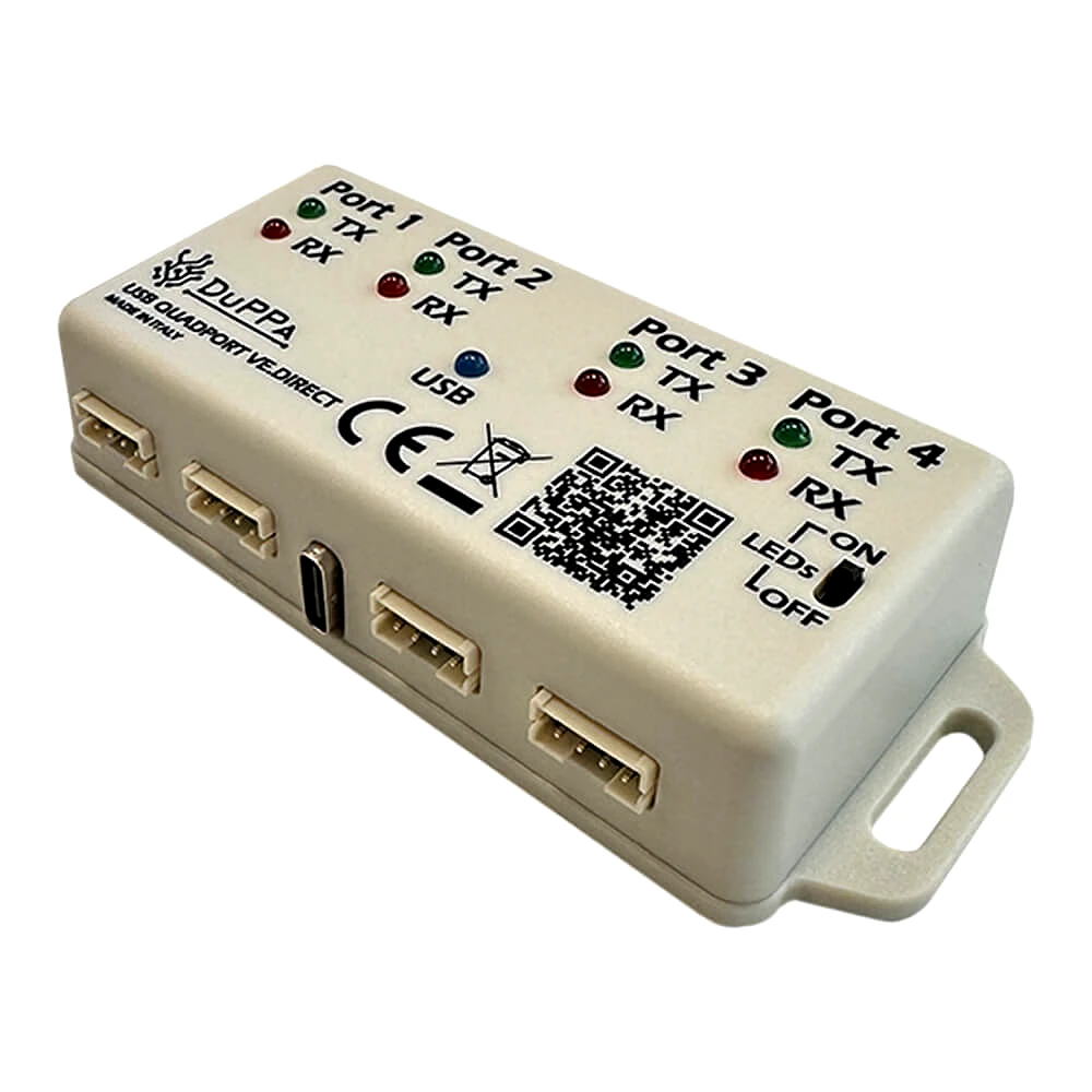 schnittstellenerweiterung-usb-quadport-2 USB Quadport VE.Direct Schnittstellenerweiterung – Gehäuse mit LED-Anzeigen und Beschriftung der Ports