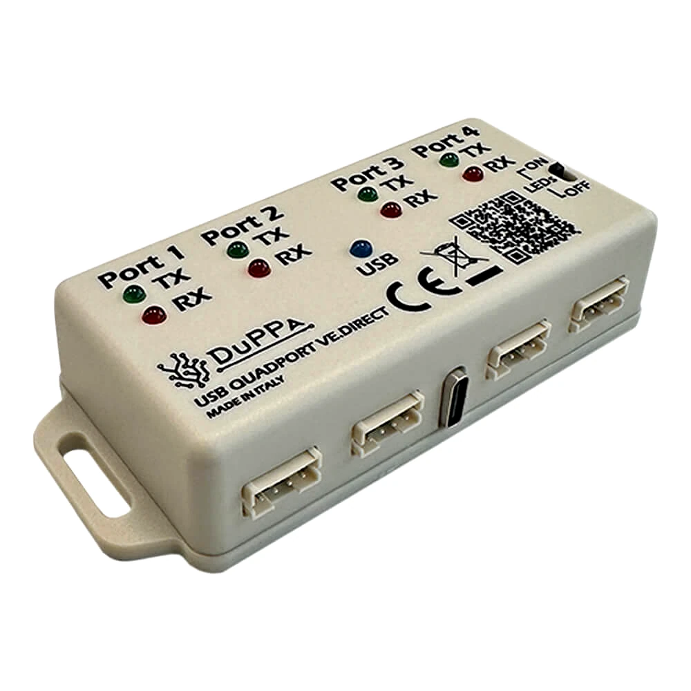 schnittstellenerweiterung-usb-quadport-3 USB Quadport VE.Direct Schnittstellenerweiterung – seitliche Ansicht mit Beschriftung und LED-Anzeigen