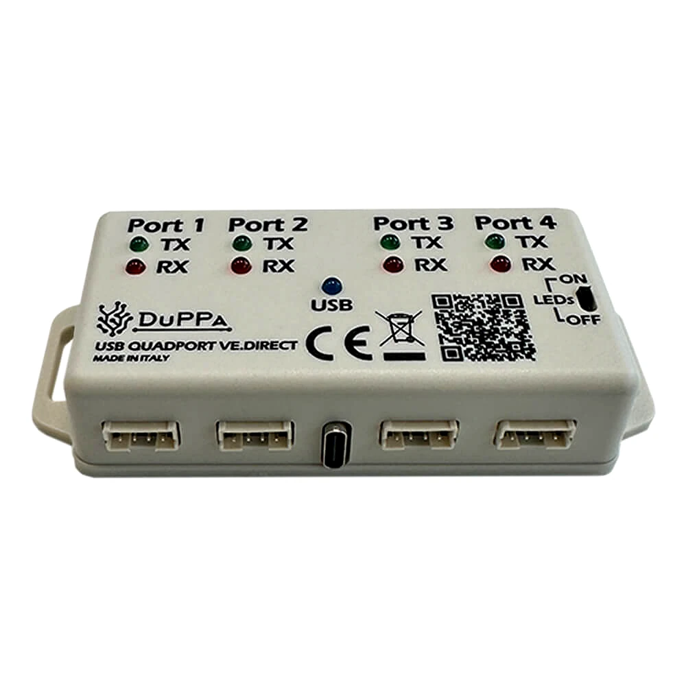 schnittstellenerweiterung-usb-quadport-4 USB Quadport VE.Direct Schnittstellenerweiterung – Draufsicht mit vier Ports und LED-Schalter