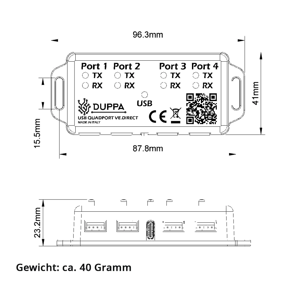 schnittstellenerweiterung-usb-quadport-6 echnische Zeichnung des USB Quadport VE.Direct – Masse und Abmessungen der Schnittstellenerweiterung