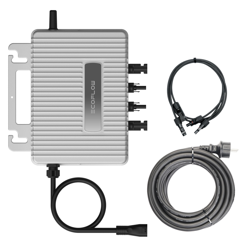 ecoflow-stream-mikrowechselrichter-800w-mit-pv-und-ac-kabel Komplettansicht mit Zubehör: Mikrowechselrichter, MC4-Kabel und Schuko-Kabel