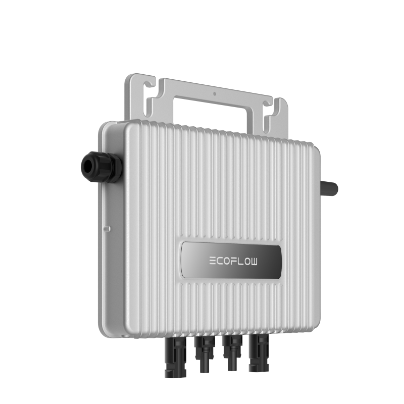 ecoflow-stream-mikrowechselrichter-800w-mit-pv-und-ac-kabel~3 Linke Seitenansicht des EcoFlow STREAM Mikrowechselrichters mit Anschlüssen