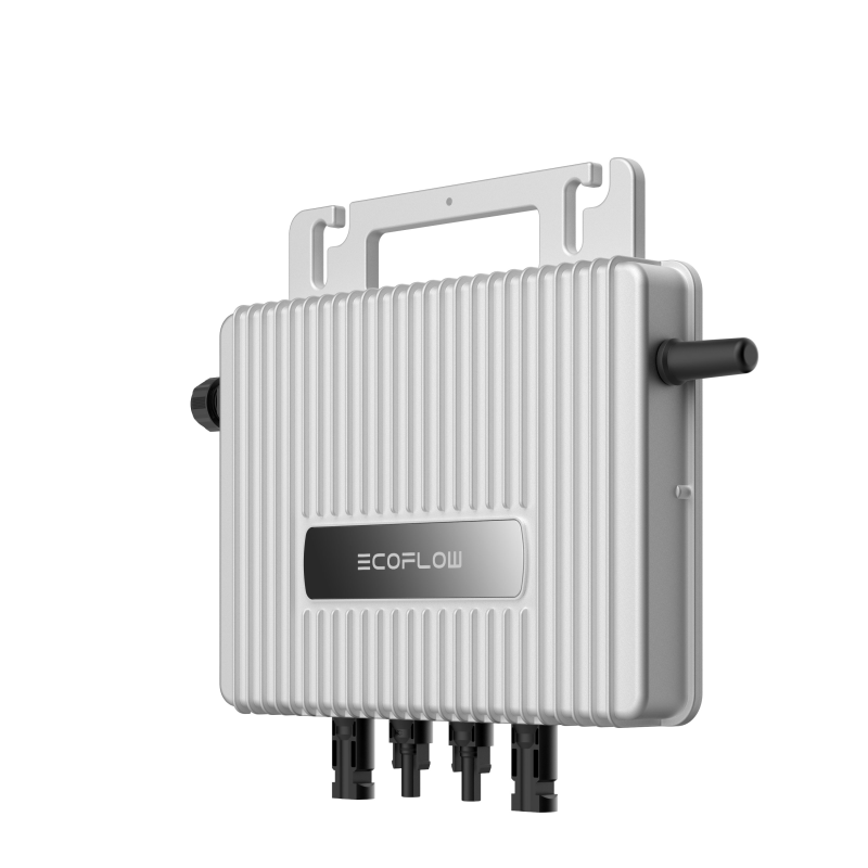 ecoflow-stream-mikrowechselrichter-800w-mit-pv-und-ac-kabel~4 Rechte Seitenansicht des EcoFlow STREAM Mikrowechselrichters mit Anschlüssen