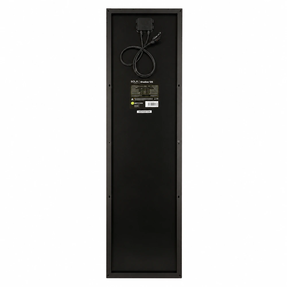 wattstunde-sola-frame-shadow-125w-rueckseite Rückseite des WATTSTUNDE SOLA Frame Shadow 125 W Solarmoduls mit Anschlussdose und Kabeln