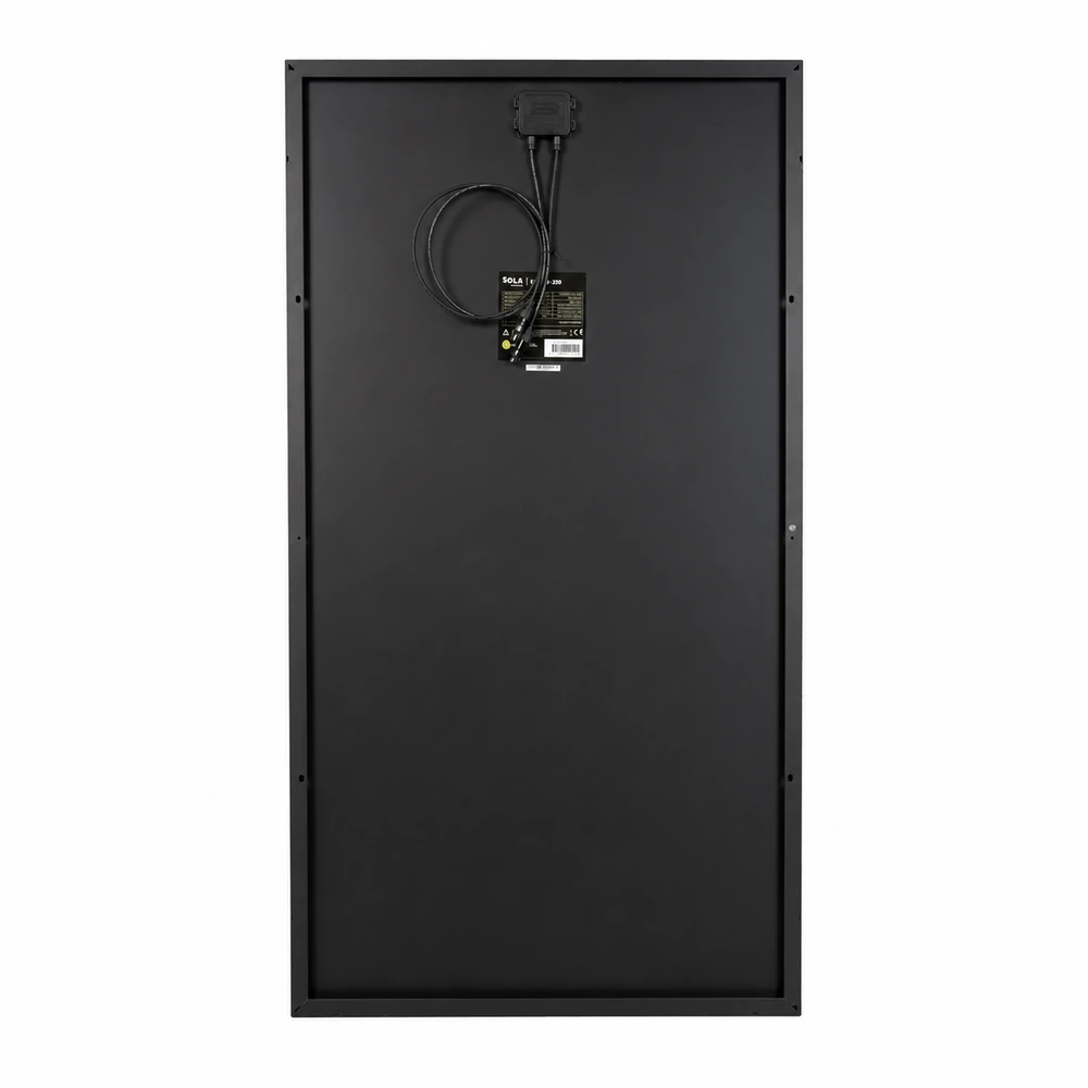 wattstunde-sola-frame-shadow-220w-rueckseite Rückseite des WATTSTUNDE SOLA Frame Shadow 220 W Solarmoduls mit Anschlussdose und Kabeln
