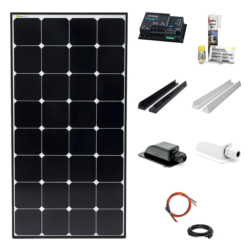 125 Watt Daylight Solar-Set mit SOLA Frame Daylight Solarmodul, Laderegler, Halt 125 Watt Daylight Solar-Set mit SOLA Frame Daylight Solarmodul, Laderegler, Haltespoilern MOUNT und Dachdurchführung in schwarz oder weiß, Dekalin Klebeset und Kabeln