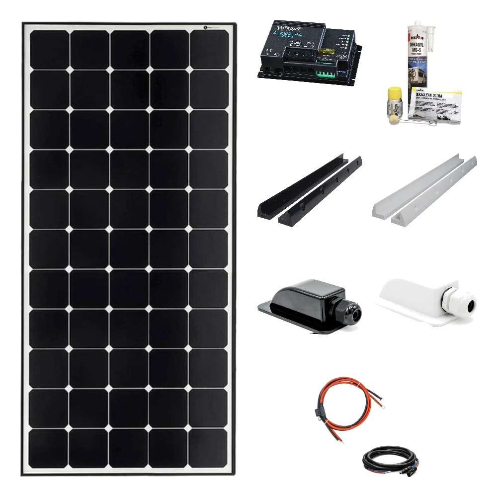 210 Watt Daylight Solar-Set mit SOLA Frame Daylight Solarmodul, Laderegler, Halt 210 Watt Daylight Solar-Set mit SOLA Frame Daylight Solarmodul, Laderegler, Haltespoilern MOUNT und Dachdurchführung in schwarz oder weiß, Dekalin Klebeset und Kabeln