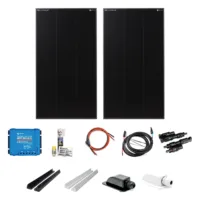 240 Watt Shadow Solar-Set mit 2 SOLA Frame Shadow Solarmodulen mit je 120 Watt, Victron SmartSolar MPPT 100/20, Haltespoilern und Dachdurchführung in schwarz oder weiß, Dekalin Klebeset, Batterie- und Solarkabel, MC4 Y-Stecker-Set