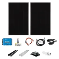 350 Watt Shadow Solar-Set mit 2 SOLA Frame Shadow Solarmodulen mit je 175 Watt, Victron SmartSolar MPPT 100/30, Haltespoilern und Dachdurchführung in schwarz oder weiß, Dekalin Klebeset, Batterie- und Solarkabel, MC4 Y-Stecker-Set