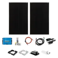 440 Watt Shadow Solar-Set mit 2 SOLA Frame Shadow Solarmodulen mit je 220 Watt, Victron SmartSolar MPPT 100/30, Halteecken und Dachdurchführung in schwarz oder weiß, Dekalin Klebeset, Batterie- und Solarkabel, MC4 Y-Stecker-Set