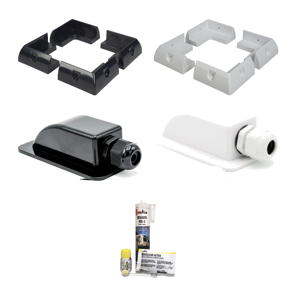 Montagematerial in schwarz und weiß: Halteecken MOUNT corner, Dachdurchführung DX1 und Dekalin Klebeset DEKAsyl MS-5