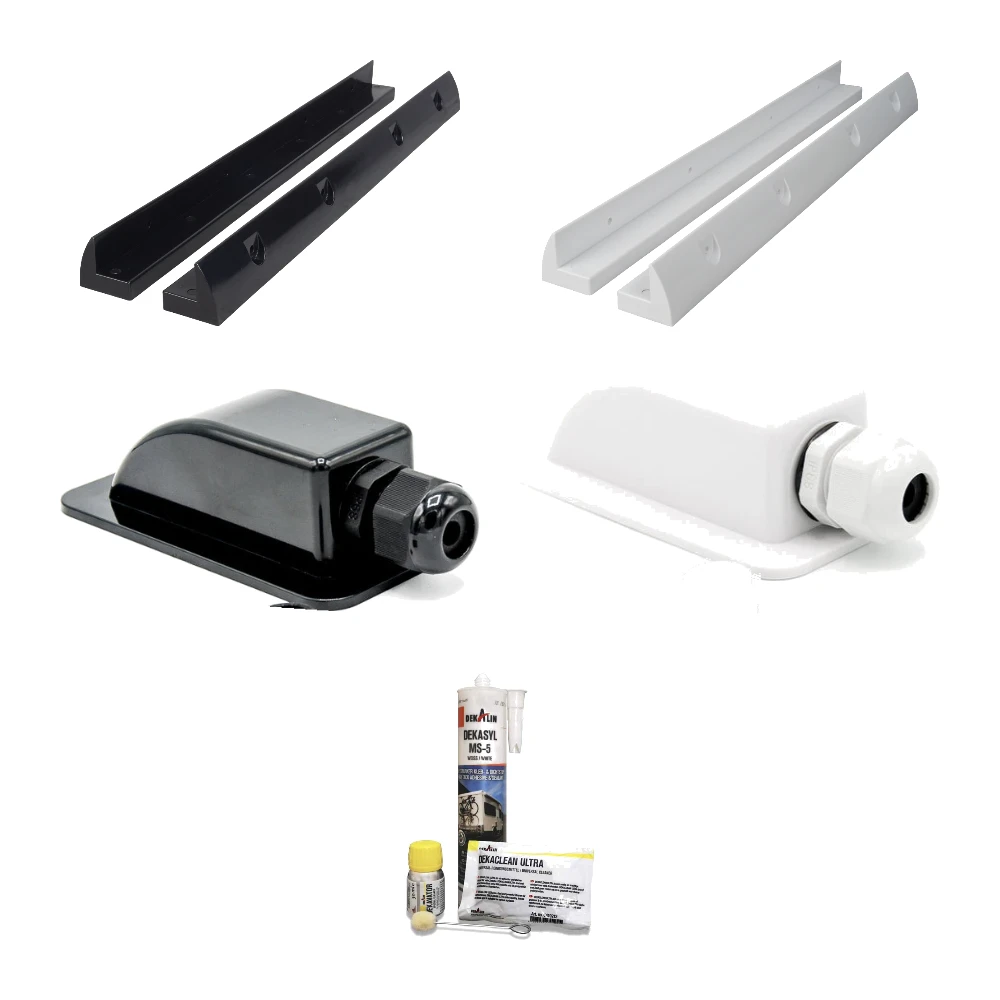 Montagematerial in schwarz und weiß: Haltespoiler MOUNT, Dachdurchführung DX1 und Dekalin Klebeset DEKAsyl MS-5