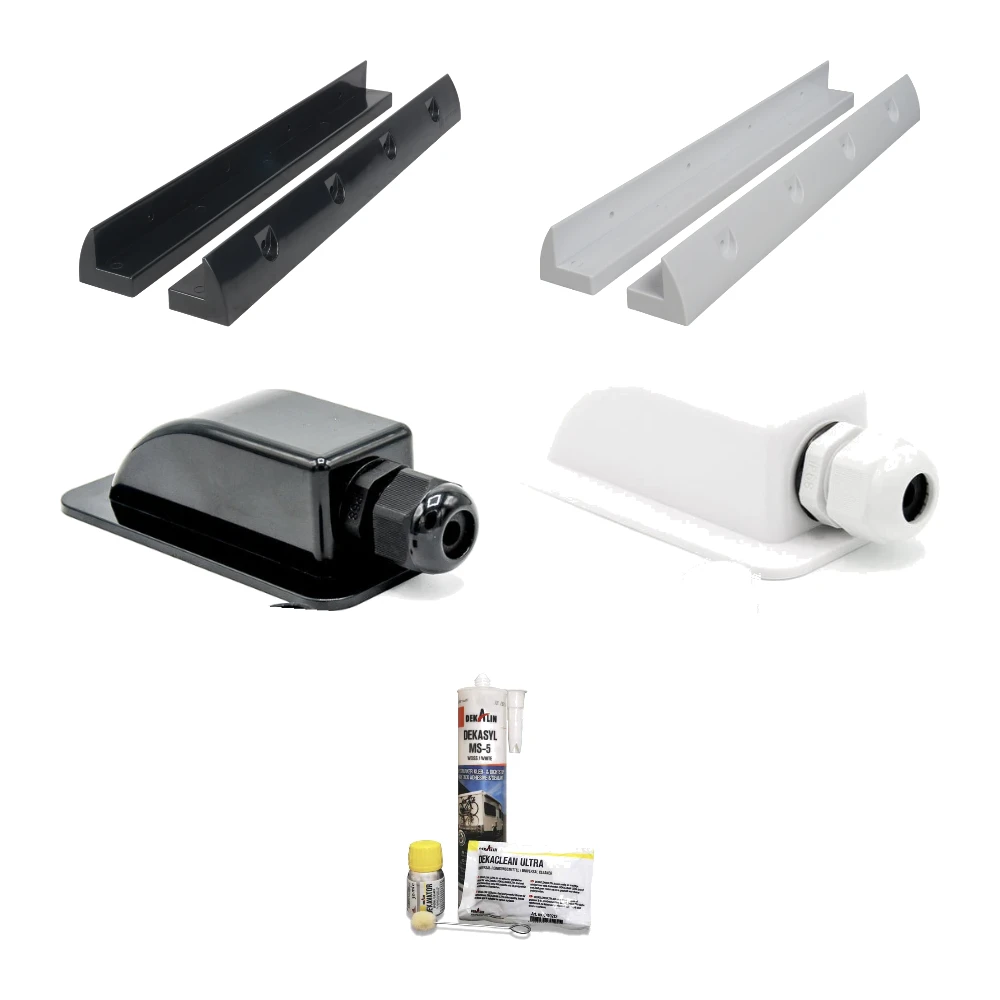 Montagematerial in schwarz und weiß: Haltespoiler MOUNT 43, Dachdurchführung DX1 und Dekalin Klebeset DEKAsyl MS-5