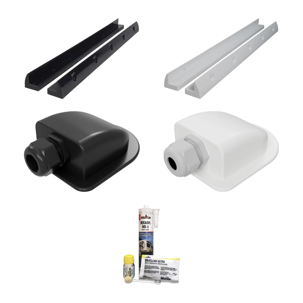 Montagematerial in schwarz und weiß: Haltespoiler MOUNT 67, Dachdurchführung 13-18 mm und Dekalin Klebeset DEKAsyl MS-5