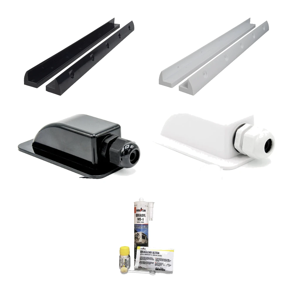 Montagematerial in schwarz und weiß: Haltespoiler MOUNT 67, Dachdurchführung DX1 und Dekalin Klebeset DEKAsyl MS-5