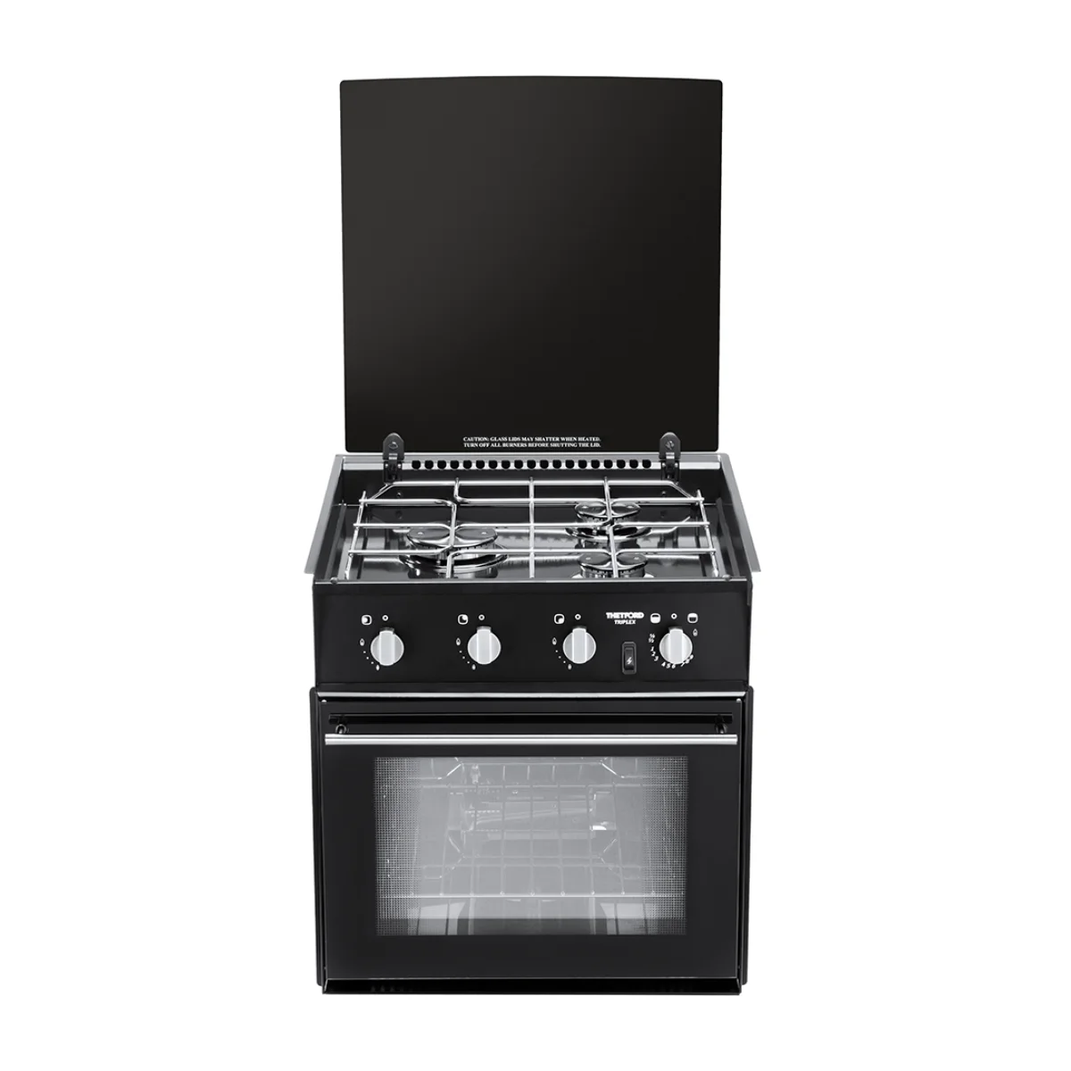 thetford-triplex-1 Thetford Triplex - Gaskocher mit Backofen und Grill, Frontansicht mit geöffneter Glasabdeckung