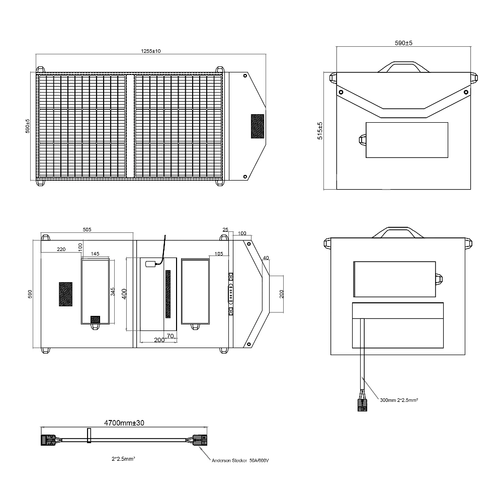 Technische Zeichnung der SOLA Ease 100 Watt Solartasche von Wattstunde Technische Zeichnung der SOLA Ease 100 Watt Solartasche von Wattstunde